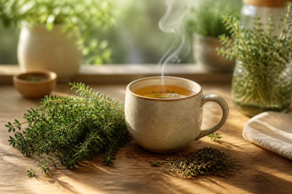 Tisane de thym fumante sur fond rustique