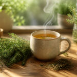 Tisane de thym fumante sur fond rustique