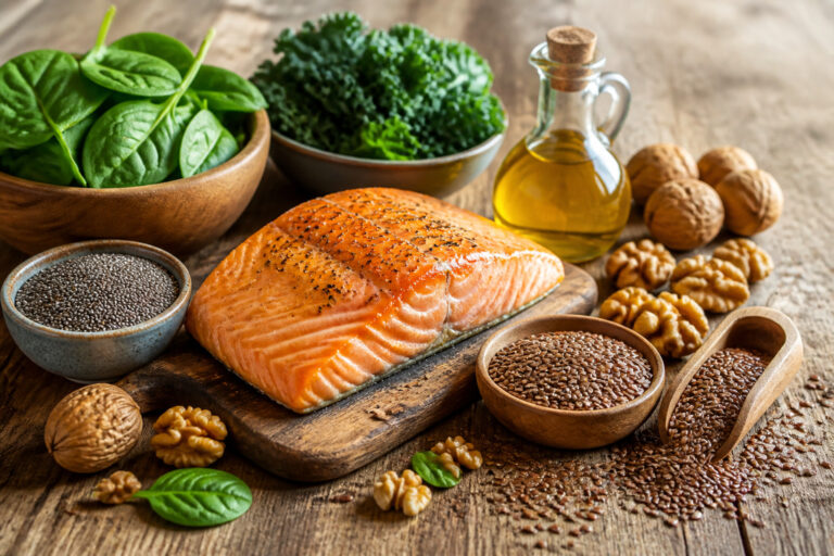 Aliments riches en omega 3 sur table rustique