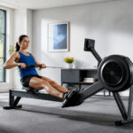 Femme athlete en plein effort sur rameur