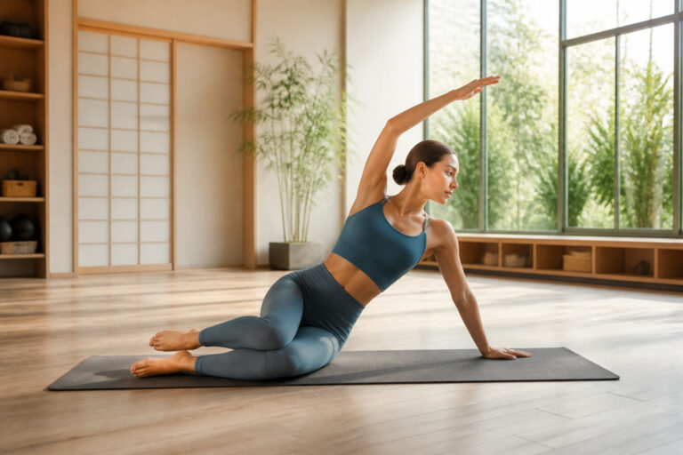 Femme pratiquant le pilates dans un studio lumineux