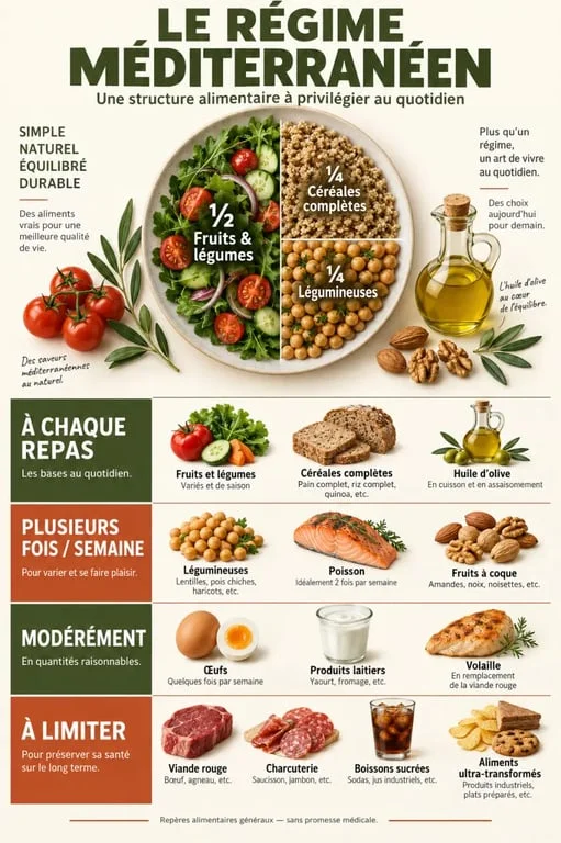 Infographie du régime méditerranéen avec aliments à privilégier et à limiter