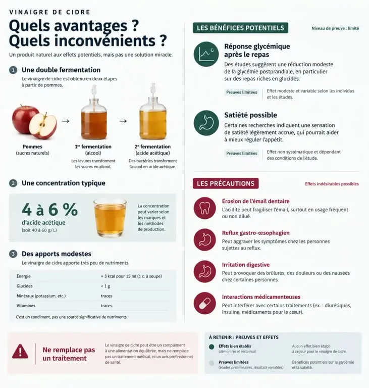 Infographie sur les avantages et inconvénients du vinaigre de cidre, ses effets potentiels et ses précautions