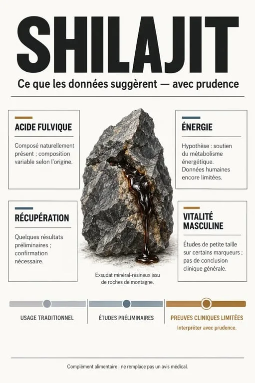 Infographie scientifique sur les bienfaits potentiels du shilajit et le niveau de preuve
