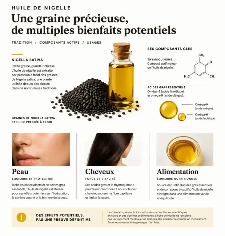 Huile de nigelle bienfaits potentiels, composition et usages pour la peau, les cheveux et l’alimentation