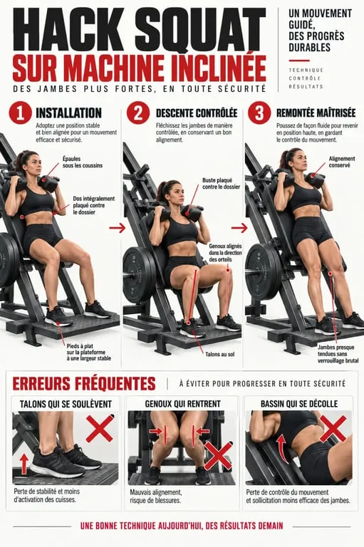 Illustration technique de l’exécution du hack squat, du placement aux erreurs fréquentes