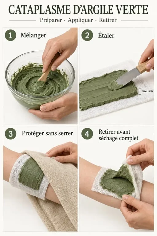 Étapes pour préparer et appliquer un cataplasme d’argile verte