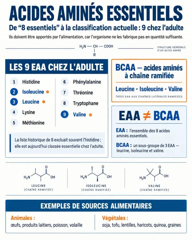 Infographie sur les 8 acides aminés essentiels et la liste actuelle des 9 acides aminés essentiels