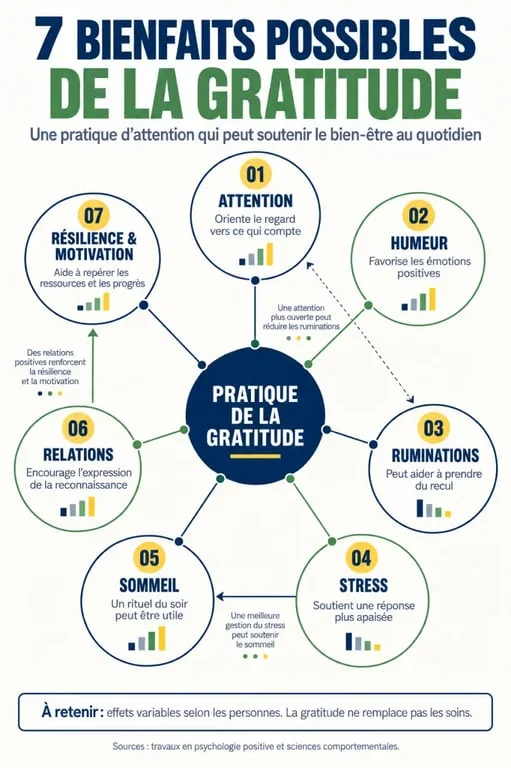 Infographie sur les 7 bienfaits de la gratitude pour le stress, le sommeil, l’humeur et les relations