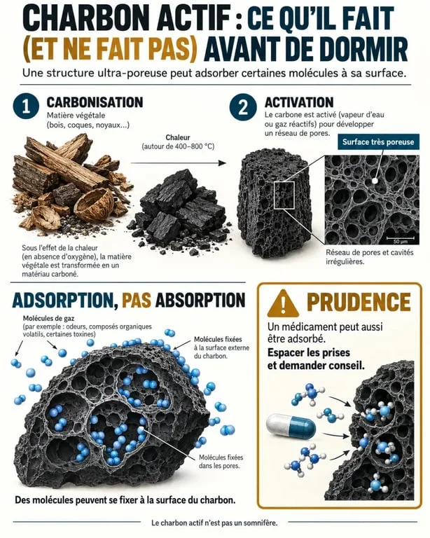 Infographie sur le charbon actif avant de dormir, son mécanisme d’adsorption et les interactions avec les médicaments