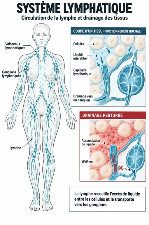 Schéma du drainage lymphatique manuel, de la lymphe, des vaisseaux et des ganglions