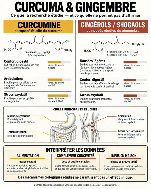 Infographie sur les curcuma et gingembre bienfaits, composés actifs, usages étudiés et niveau de preuve