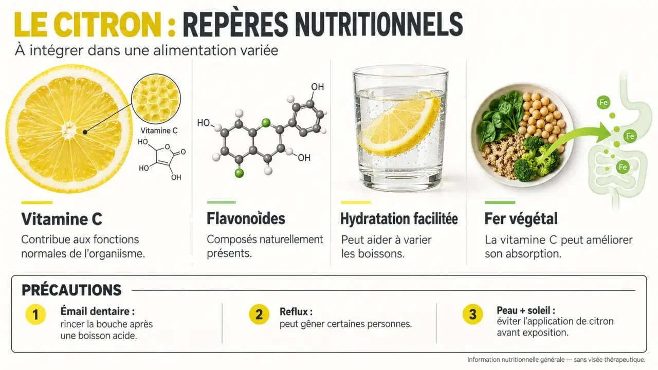Infographie sur les bienfaits du citron, la vitamine C et les principales précautions